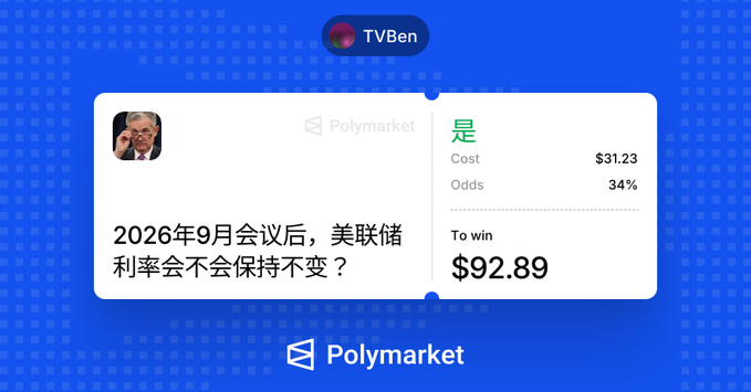 A screenshot of a TVBen prediction on Polymarket asks if the Fed interest rate will remain unchanged after the September 2026 meeting, showing a "Yes" option with a cost of $31.23, 34% odds, and a potential win of $92.89.