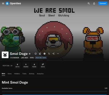 The image shows an OpenSea NFT collection page titled "WE ARE SMOL" featuring pixelated characters labeled "Smol Silent" and "Smol Watching," with a "Smol Doge" token minting soon with a price of 0.013 ETH, aligning with the post's alert about a suspicious NFT collection launching within hours.