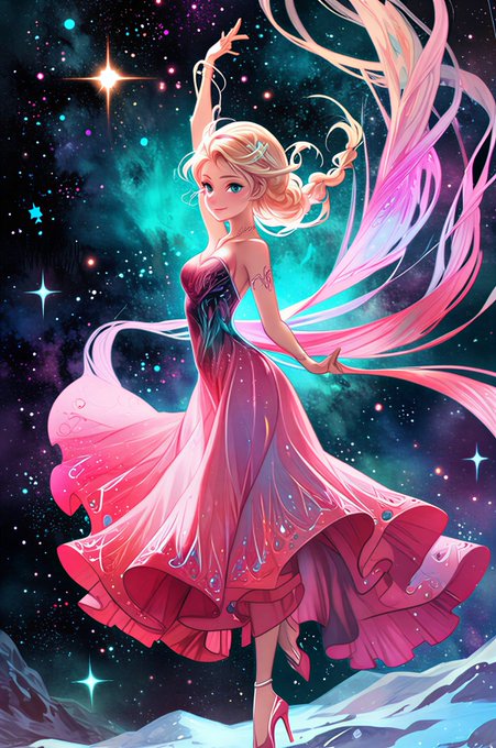 A fantasy illustration of a blonde princess in a flowing pink and teal ball gown with fairy-like wings, posed gracefully against a starry cosmic background.
