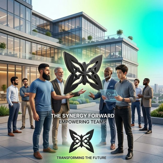 A digital illustration of a diverse group of men in business and casual attire gathered around a glowing butterfly emblem, with text reading 'THE SYNERGY FORWARD EMPOWERING TEAMS' and 'TRANSFORMING THE FUTURE'.