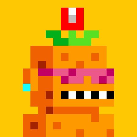 A retro pixel art character resembling a burger—Freddy Fazbear—rendered in orange, brown, and pink blocks with a red and green hat on top, set against a solid yellow background.