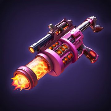 A 3D rendered illustration of a stylized pink and orange sci-fi weapon with flames shooting from the barrel, set against a dark purple background.