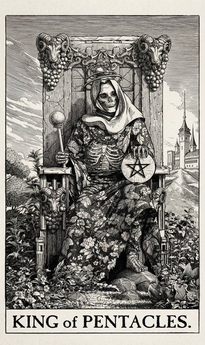 The image features a black and white illustration of a skeleton woman sitting on a throne, holding a star above her head. The text "King of Pentacles" can be seen at the bottom right corner of the image. This artwork seems to be related to the post about the King of Pentacles, possibly as part of an online collection or social media account dedicated to tarot card illustrations and interpretations.