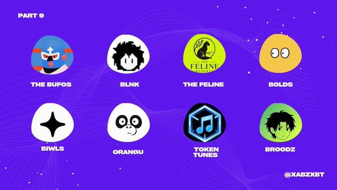 A purple graphic titled 'PART 9' displaying eight cartoon-style crypto profile icons labeled: THE BUFOS, BLNK, THE FELINE, BOLDS, BIWLS, ORANQU, TOKEN TUNES, and BROODZ, with the handle '@XARZXXBT' in the bottom right.