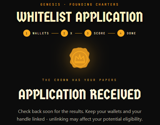 The image shows a "Whitelist Application" page for the Genesis Founding Charters NFT collection, indicating step 4 "DONE" with an "Application Received" confirmation message. The accompanying post promotes Cambria's upcoming genesis NFT launch, with the image serving as visual proof of successful whitelist signup before the 2-day countdown expires.