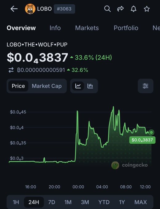 A cryptocurrency tracking app showing LOBO (LOBO•THE•WOLF•PUP) priced at $0.043837, up 33.6% in 24 hours, with a price chart from GeckoTerminal on the 24H timeframe.