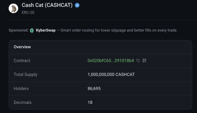 A cryptocurrency overview page for 'Cash Cat (CASHCAT)' ERC-20 token, showing a total supply of 1,000,000,000 CASHCAT, 86,695 holders, and 18 decimals, sponsored by KyberSwap.