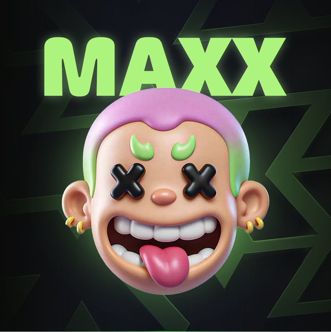 A 3D-rendered character with pink hair, X-shaped eyes, and a protruding tongue appears below the green text 'MAXX' against a dark geometric background.