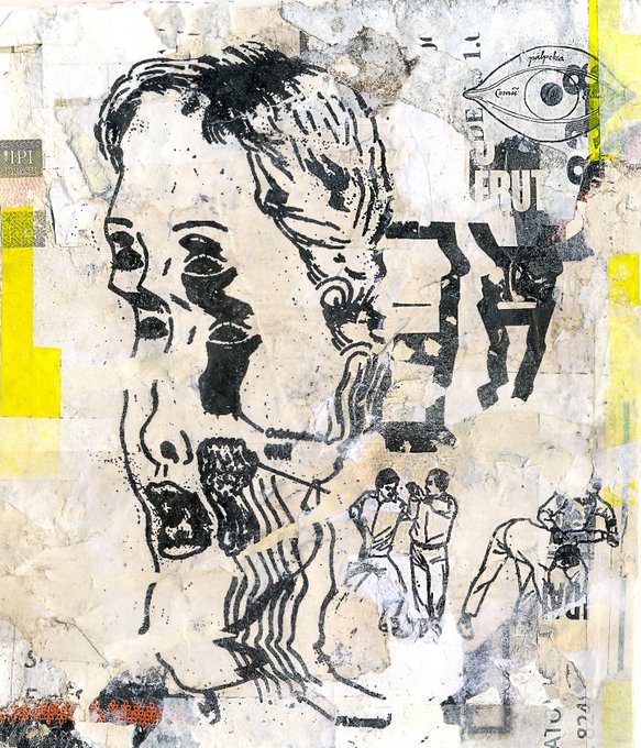 A mixed-media collage artwork featuring a stenciled black and white portrait of a man overlaid on torn paper scraps with yellow accents.