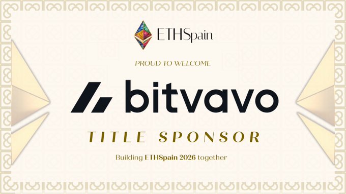 Announcement graphic stating 'ETHSpain Proud to Welcome bitvavo Title Sponsor' for building ETHSpain 2026 together.