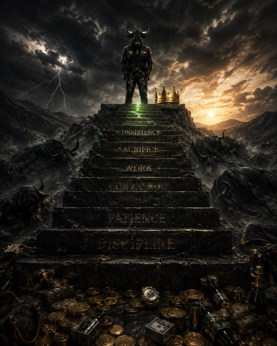 A dark, mythological figure wearing a bull mask stands atop a stone staircase inscribed with the words "PATIENCE," "DISCIPLINE," "CONVICTION," "WORK," "SACRIFICE," and "CONSISTENCY," surrounded by treasure, fallen bulls, and stormy skies. The image visually reinforces the post's message that true success—represented by $ANSEM—requires disciplined effort rather than mere luck.