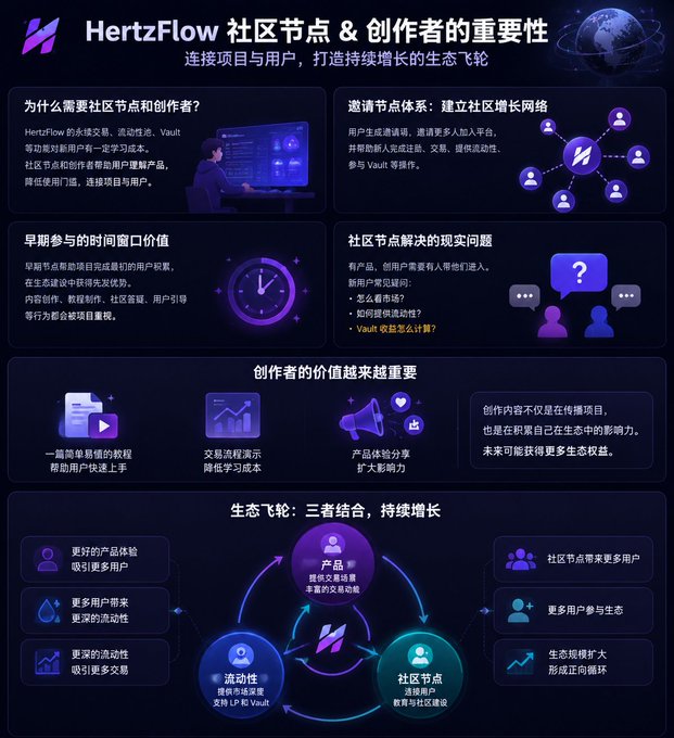 A dark-themed informational graphic titled 'HertzFlow 社区节点 & 创作者的重要性' (HertzFlow Community Nodes & Creator Importance) explains the role of community nodes and creators in connecting projects with users and building an ecosystem flywheel.
