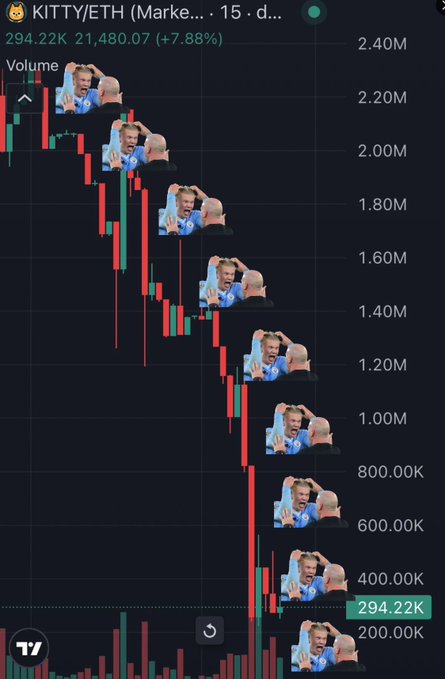 A cryptocurrency chart for "KITTY/ETH" showing a significant price drop, with multiple crying cat images overlaid along the descending candle wicks.
