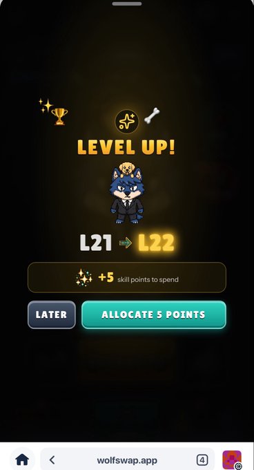 Wolfswap.app 'LEVEL UP!' screen showing an anime wolf character progressing from L21 to L22, with '+5 skill points to spend' and buttons for 'LATER' and 'ALLOCATE 5 POINTS'.