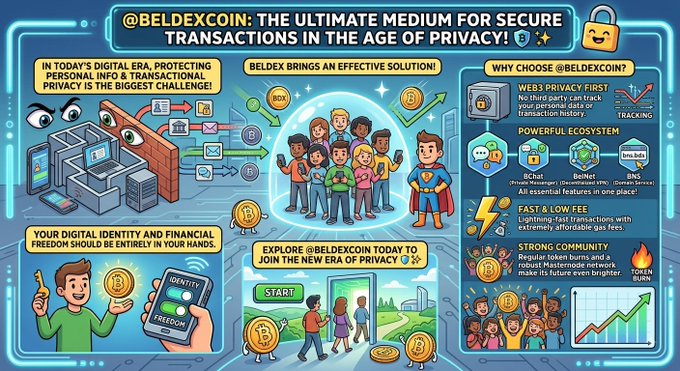 An illustrated infographic for '@BELDEXCOIN' titled 'THE ULTIMATE MEDIUM FOR SECURE TRANSACTIONS IN THE AGE OF PRIVACY,' highlighting a powerful ecosystem with BChat, BelNet, and BNS, plus features like 'FAST & LOW FEE' and 'STRONG COMMUNITY'.