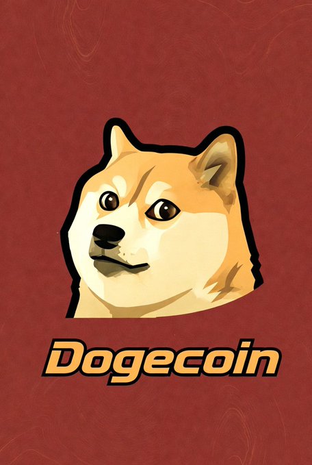 An illustration of a Shiba Inu dog's head with the text 'Dogecoin' in gold lettering on a red background.