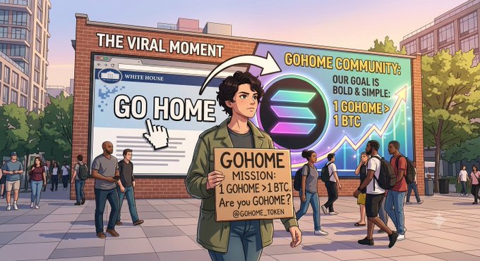 A comic-style illustration titled 'THE VIRAL MOMENT' shows a person holding a sign asking 'Are you GOHOME?' and promoting the GOHOME community, with a billboard behind them stating 'OUR GOAL IS BOLD & SIMPLE: 1 GOHOME > 1 BTC.'