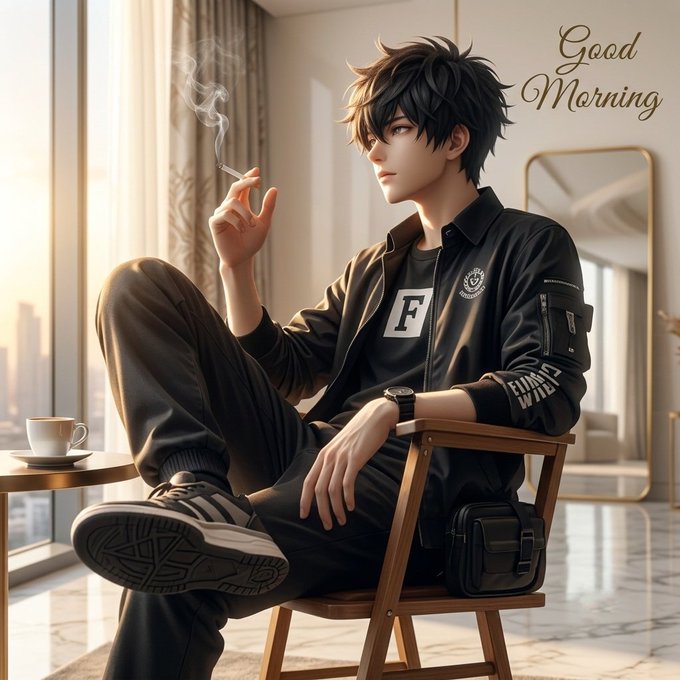 An anime-style illustration of a young man with dark hair sitting in a chair smoking a cigarette, wearing a black outfit with an 'F' logo, with 'Good Morning' text in the upper right corner.