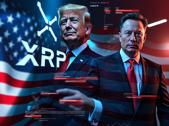 A digital artwork featuring Donald Trump and Elon Musk in suits, with the XRP logo and an American flag in the background.