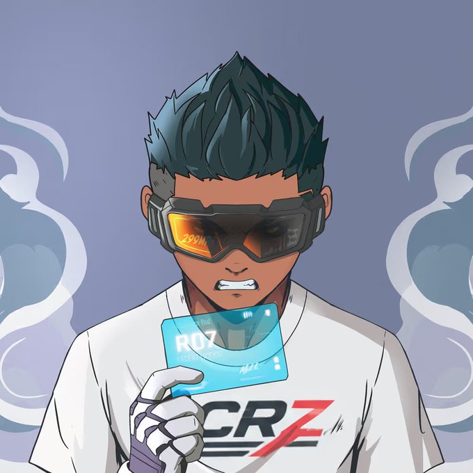 An anime-style illustration of a character with spiky dark hair wearing reflective visor goggles and a white 'CRZ' shirt, holding up a blue card labeled 'R07'.