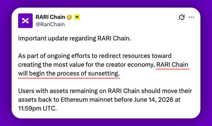The image shows a purple background with white text that reads "Another project has shut down. Everyone, remember to withdraw your funds in time. RARI Chain @RariChain is about to close. Please ensure to transfer it to another chain before June 14, 2026." The text also includes the website address for transferring assets to another chain.