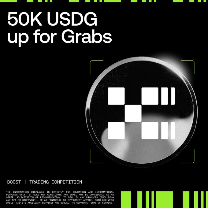 A black promotional graphic announces a "50K USDG up for Grabs" trading competition, featuring a glossy metallic orb emblazoned with the OKX logo, framed by green corner brackets, with the fine-print disclaimer at the bottom noting the information is for educational purposes only. The image visually reinforces the post's message about a 50,000 USDG prize pool trading competition for tokenized xStocks on the OKX Web3 DEX, running on XLayer until September 11 at 8 AM UTC.