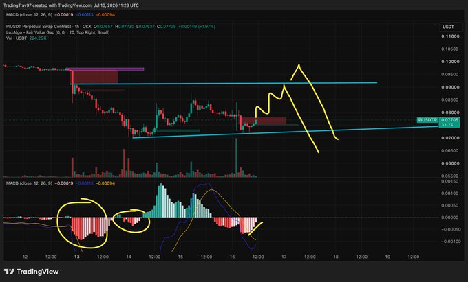 A TradingView chart of the PIUSDT perpetual swap shows price action contained within a descending channel, with the MACD indicator at the bottom highlighting bearish divergences (circled in yellow). The annotation overlays a possible relief bounce into the FVG before rejecting off the marked supply zones, aligning with the poster's bearish view that rallies into the order block above are likely to fail.