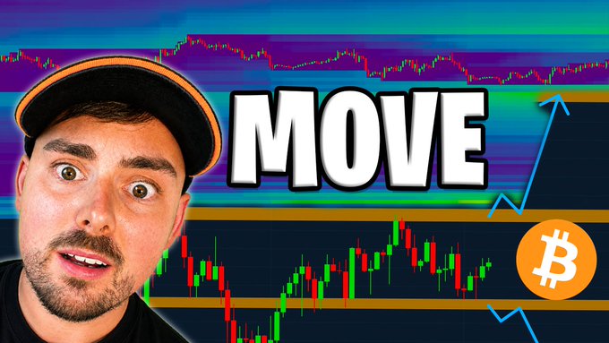 A man with a surprised expression appears alongside a bold "MOVE" text and a Bitcoin candlestick chart showing upward price action with an arrow, visually emphasizing the post's message about Bitcoin's upcoming significant price movement.