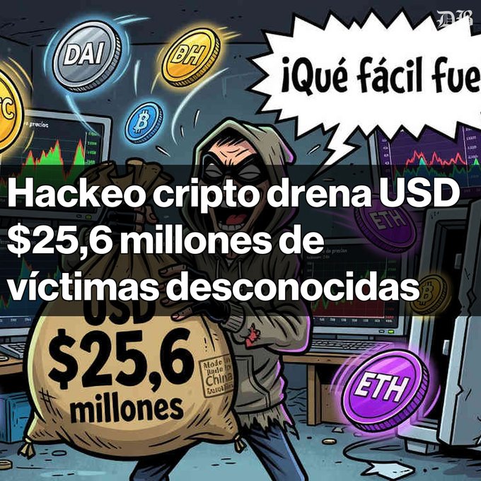 A cartoon illustration of a hooded hacker holding a bag labeled 'USD $25,6 millones', with text overlay in Spanish reading 'Hackeo cripto drena USD $25,6 millones de víctimas desconocidas', surrounded by crypto coins like DAI, BCH, and ETH.