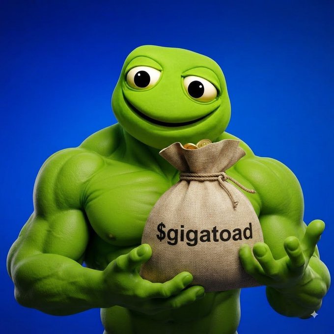 A muscular green Pepe-style frog holds a burlap sack labeled "$gigatoad" overflowing with gold coins against a blue background. The image visualizes the post's bullish call to action, using the toad mascot and coin-filled money bag to symbolize the promise of massive gains and a new all-time high for the $GIGATOAD token.