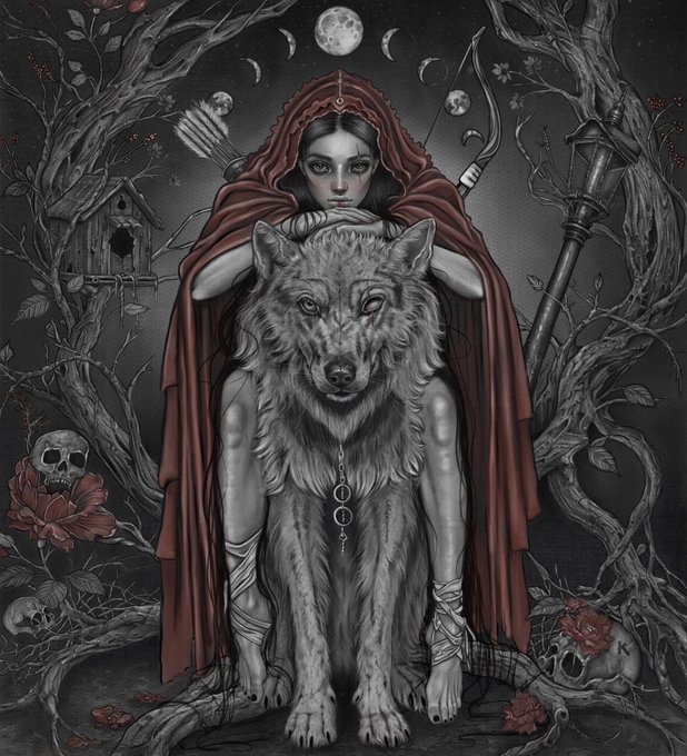A dark fantasy illustration depicts a hooded figure in a red cloak embracing a gray wolf, surrounded by twisted bare branches, skulls, arrows, moons, and red flowers in a gothic scene.