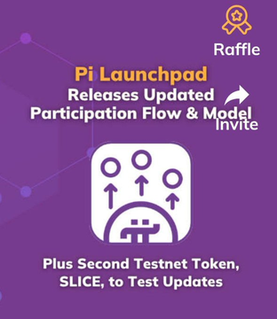 The image shows a purple background with white text. The main focus of the image is an advertisement for Pi Launchpad, which has been updated with new features and improvements. It highlights the launchpad's enhanced participation flow and model, as well as the incorporation of data from the second Testnet token that launched on the same day. The post also mentions a second Testnet token, SlicE, to test updates.