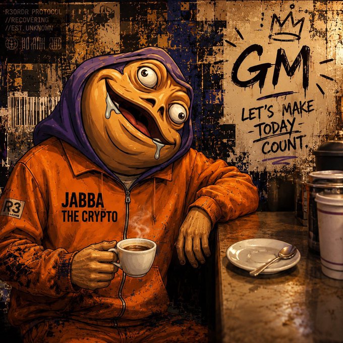 A cartoonish, slug-like figure labeled "JABBA THE CRYPTO" sits in an orange prison-style jumpsuit, grinning and dripping with drool while sipping coffee in a gritty cafe setting, next to graffiti reading "GM - LET'S MAKE TODAY COUNT." The humorous illustration pairs with the "GM" post by visualizing the casual crypto community's daily morning greeting as a slobbery, jailbird character enjoying his coffee.