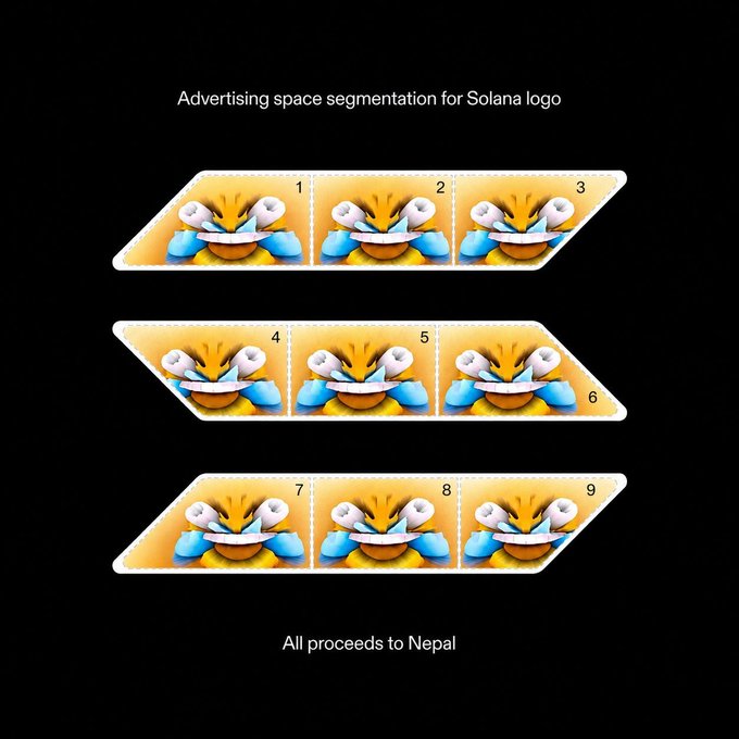 The image displays a segmentation of 9 advertising spaces, each featuring a Donald Duck cartoon character with the Solana logo in the background, labeled "Advertising space segmentation for Solana logo" and "All proceeds to Nepal." The accompanying post jokingly suggests Solana adopt this advertising model to sell ad space using its mascot, playfully referencing the Solana logo's visual similarity to Donald Duck.