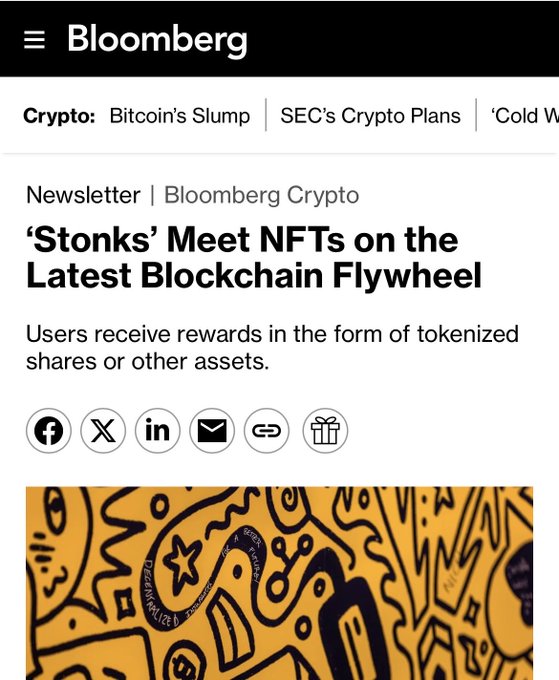 A Bloomberg newsletter article titled "'Stonks' Meet NFTs on the Latest Blockchain Flywheel" explaining that users receive rewards in the form of tokenized shares or other assets.