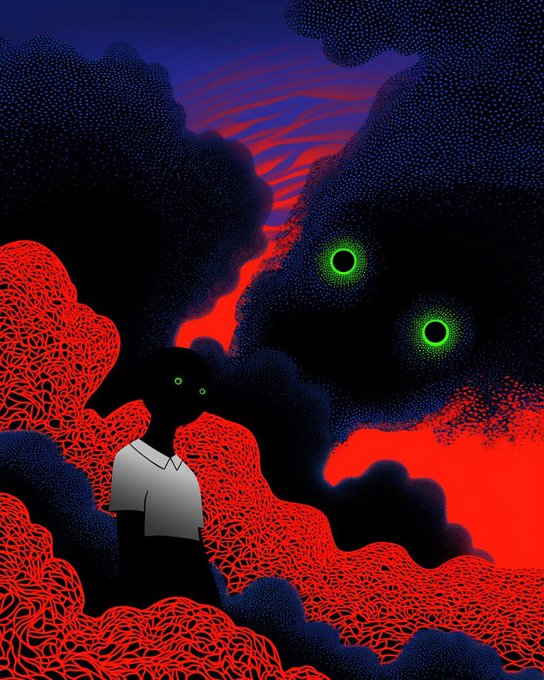 A dark surreal digital artwork featuring a silhouette figure with glowing green eyes surrounded by dark cloud-like shapes and a vibrant red patterned landscape.