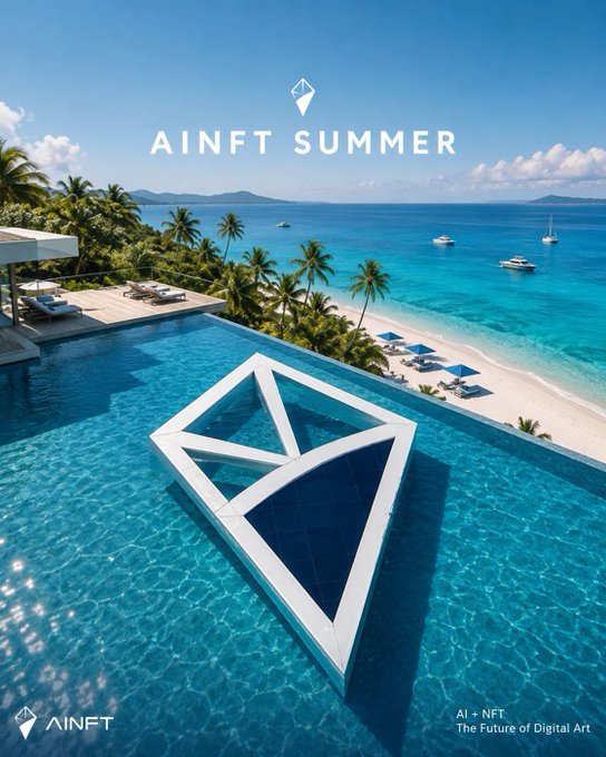 A stunning tropical beach scene featuring a crystal-clear infinity pool overlooking a turquoise ocean, with the text "AINFT SUMMER" prominently displayed alongside the AINFT logo, and bottom text reading "AI + NFT: The Future of Digital Art" and "AINFT"—visually reinforcing the post's theme of AI-powered NFTs as the next generation of innovative digital art.