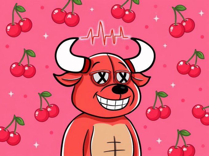 A cartoon red bull with X-shaped eyes, horns, and a heartbeat line above its head, set against a pink background filled with cherries.
