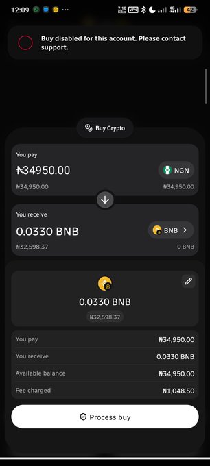 A mobile cryptocurrency exchange screen showing a transaction to buy 0.0330 BNB for ₦34,950.00 NGN, but displaying a warning that 'Buy disabled for this account. Please contact support.'
