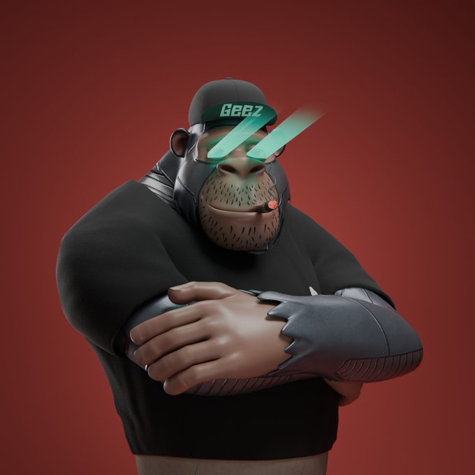 A 3D-rendered gorilla character wearing a black cap with 'GEBZ' text, green-tinted sunglasses, and black attire, arms crossed against a red background.