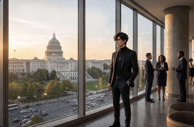 A stylishly dressed man stands in a high-rise office with floor-to-ceiling windows overlooking the U.S. Capitol, while colleagues converse behind him—visually reinforcing the post's message about DeFi regulation and Injective's engagement with the SEC on clear crypto policy through the CLARITY framework.