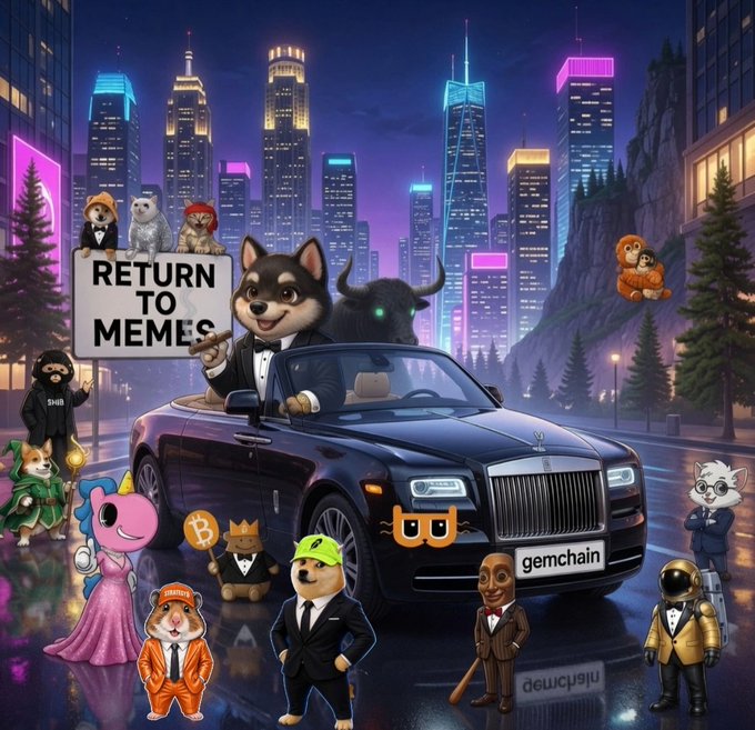 A colorful digital illustration featuring various meme characters, including a doge-like figure in a suit in a Rolls Royce, with a 'RETURN TO MEMES' sign and a 'gemchain' license plate, set against a cyberpunk cityscape.