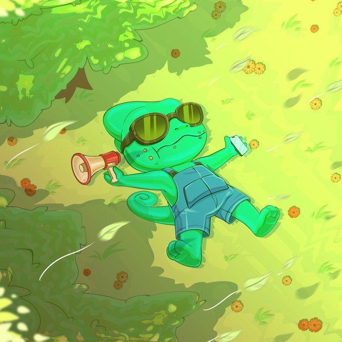 A cartoon illustration of a green chameleon wearing sunglasses and blue overalls, lying on grass while holding a megaphone and a smartphone.