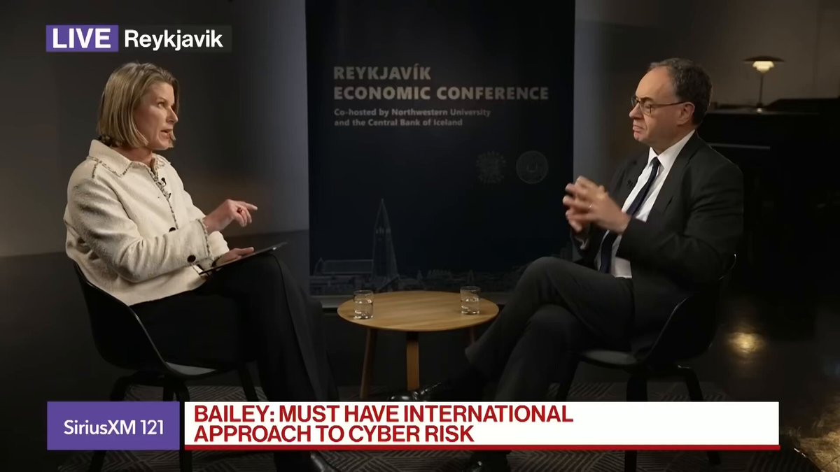The image shows a man and woman sitting at a table, having an interview with each other. They are both wearing suits, indicating that they might be professionals or business people. The background of the image features a banner advertising a conference on economic risk management. The text in the image suggests that there is a discussion about the stability of central banks and how Bitcoin could potentially disrupt this stability.