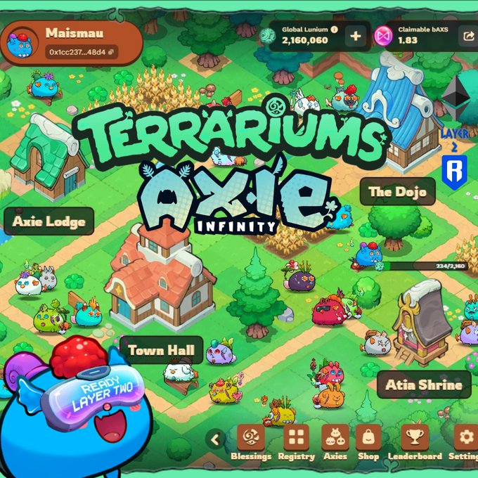 A screenshot from the game Axie Infinity shows a Terrarium view with various Axie creatures around a Town Hall, displaying the username 'Maismau' and game features.