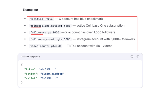 The image shows a snippet from Base Verify documentation, listing example verification criteria including `verified: true` for X blue checkmarks, `coinbase_one_active: true` for active Coinbase One subscriptions, `followers: gt:1000` for X accounts with over 1,000 followers, `followers_count: gt:5000` for Instagram accounts with 5,000+ followers, and `video_count: gte:50` for TikTok accounts with 50+ videos, along with a sample API response showing a `claim_airdrop` action. This illustrates how projects can verify users via social identity signals—directly supporting the post's point that Base Verify could influence airdrop eligibility through criteria like X verification and Coinbase One subscriptions.
