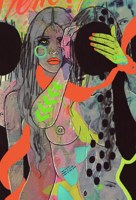 A colorful pop-art style mixed-media collage depicting a woman with long hair, surrounded by neon green and orange paint splashes and black polka dots.