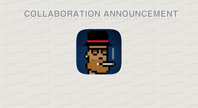 A 'COLLABORATION ANNOUNCEMENT' graphic featuring a pixel art icon of a man in a top hat smoking a cigarette on a CloudQuest branded background.