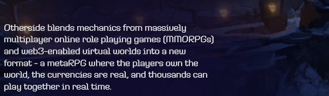 A block of white text against a dark, moody background describes "Otherside" as a metaRPG combining MMORPG mechanics with web3 virtual worlds, where players own the world, currencies are real, and thousands can play together in real time. The image serves as an introductory slide for GM Kodas's breakdown of OthersideMeta's token economy.