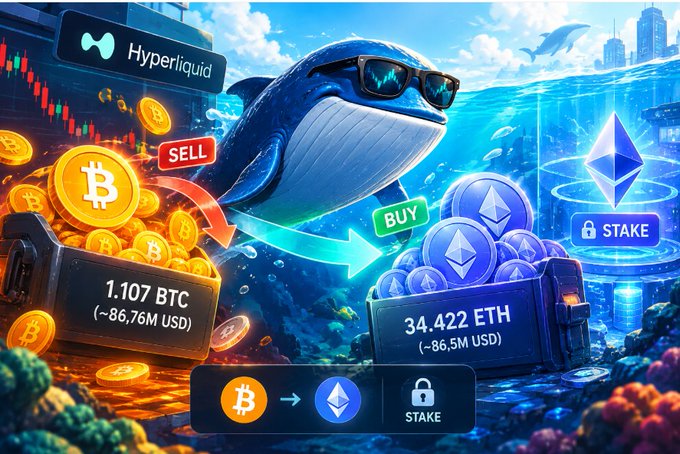 A digital illustration promoting Hyperliquid cryptocurrency trading, depicting a whale wearing sunglasses exchanging Bitcoin (1.107 BTC, ~86.76M USD) for Ethereum (34.422 ETH, ~86.5M USD) to stake.